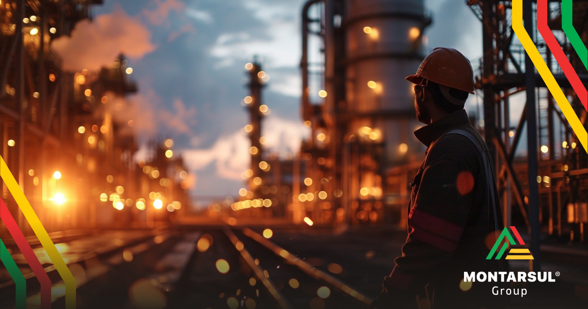 Trabalhador de engenharia industrial em capacete em silhueta contra um complexo de refinaria ao pôr do sol, simbolizando a dedicação e o progresso na indústria.